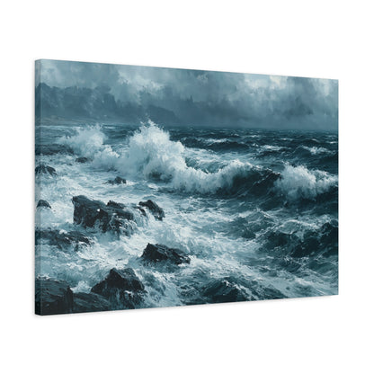 Mer noire et blanche agitee avec rochers sombres et ressac puissant - Art Virtuoso - vue 12/20