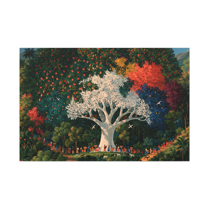 Tableau Arbre de Vie Haïtien, un arbre blanc entouré d’une végétation rouge et verte très dense, format XXL - Art Virtuoso