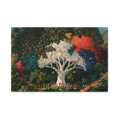 Tableau Arbre de Vie Haïtien, un arbre blanc entouré d’une végétation rouge et verte très dense, format S - Art Virtuoso
