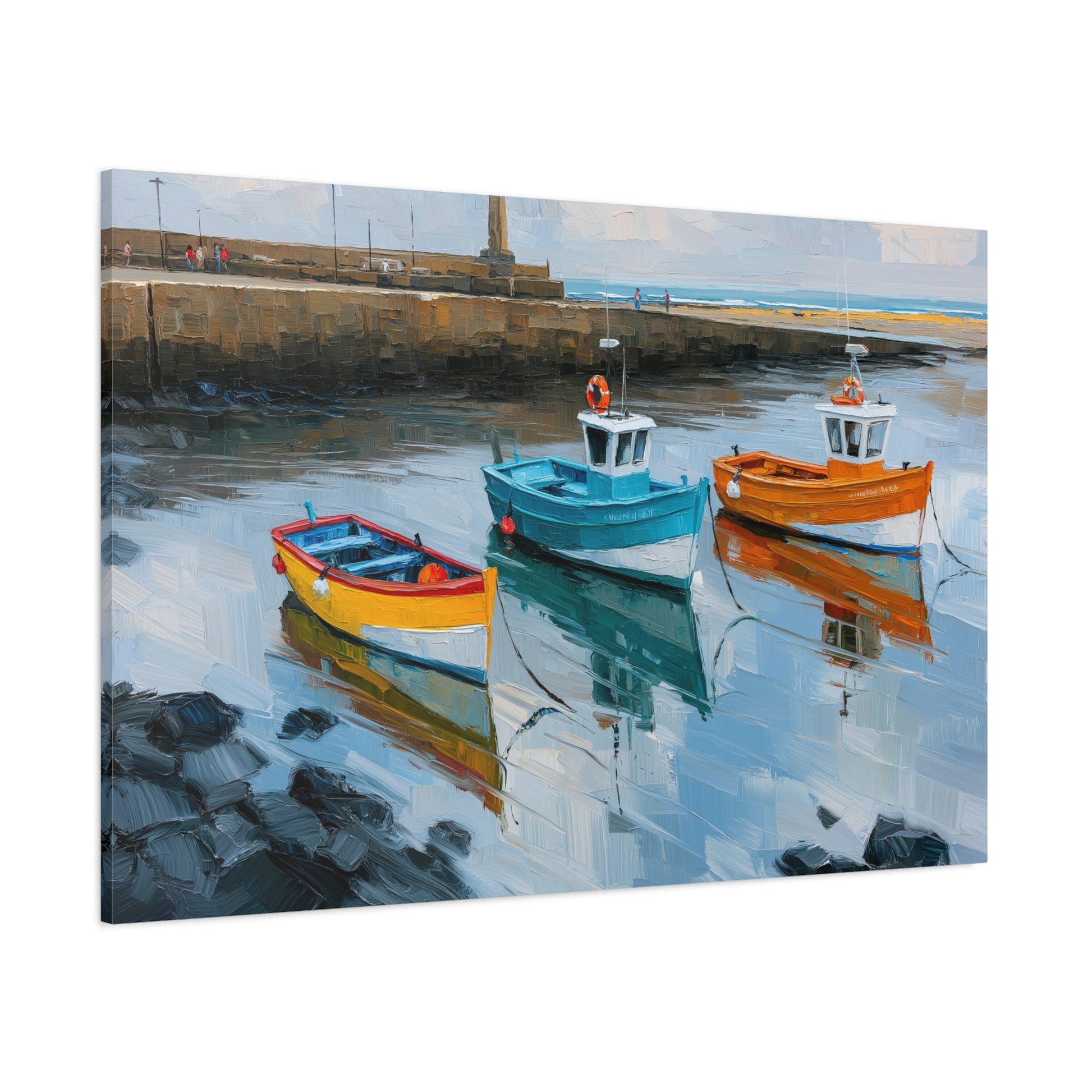 Port breton avec trois barques colorees et reflets dans l eau calme - Art Virtuoso - vue 18/20