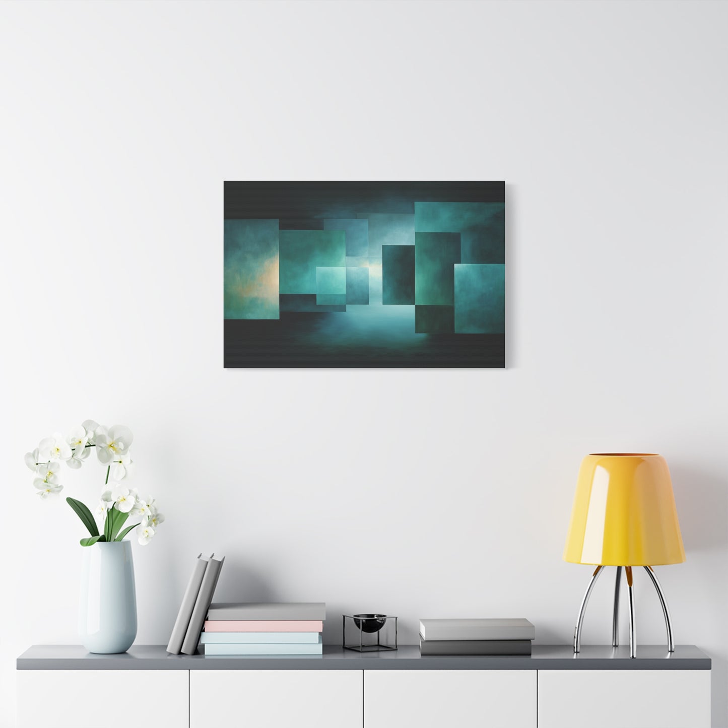 Tableau Abstrait géométrique vert sauge format horizontal mur d'envergure