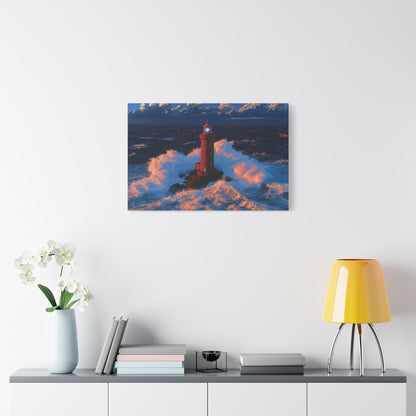 Phare rouge breton dans une tempete avec vagues puissantes et faisceau bleu - Art Virtuoso - vue 13/20