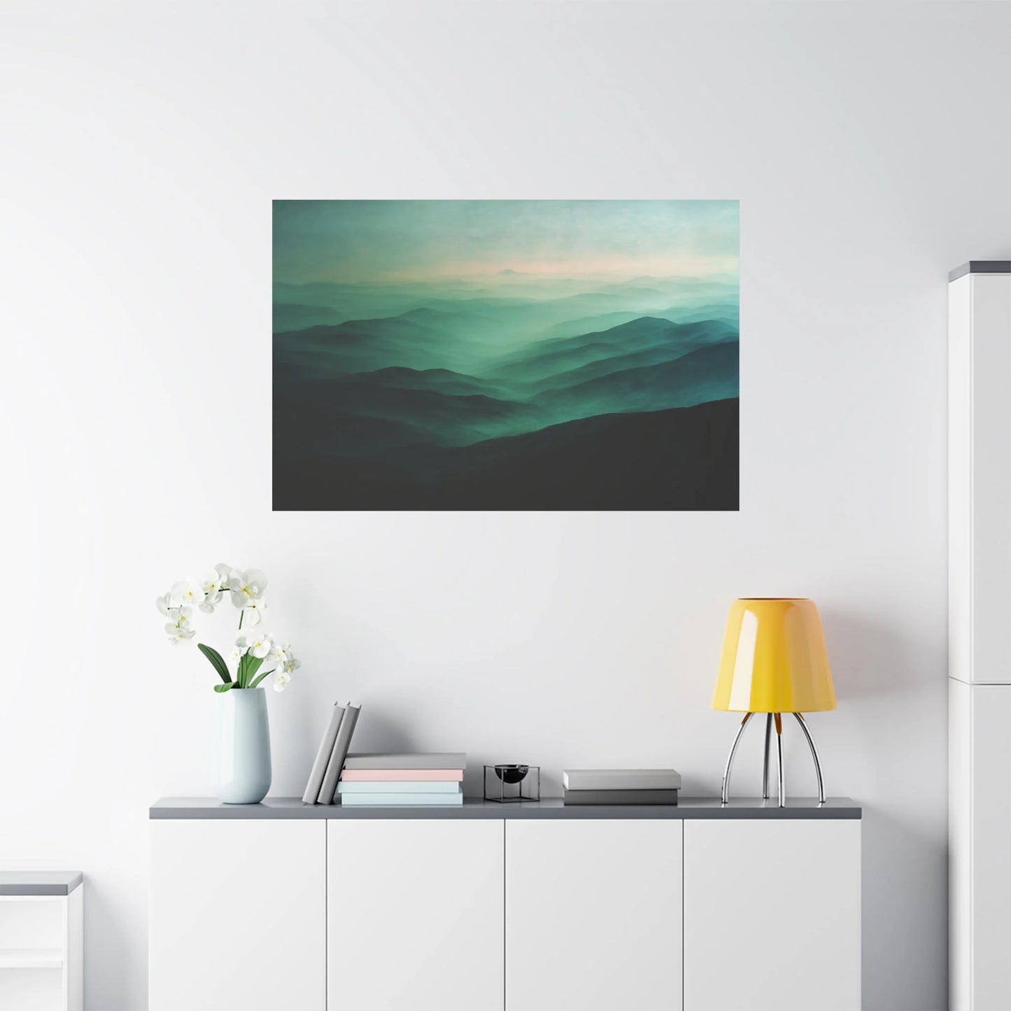 Tableau Collines vert sauge dans un salon contemporain