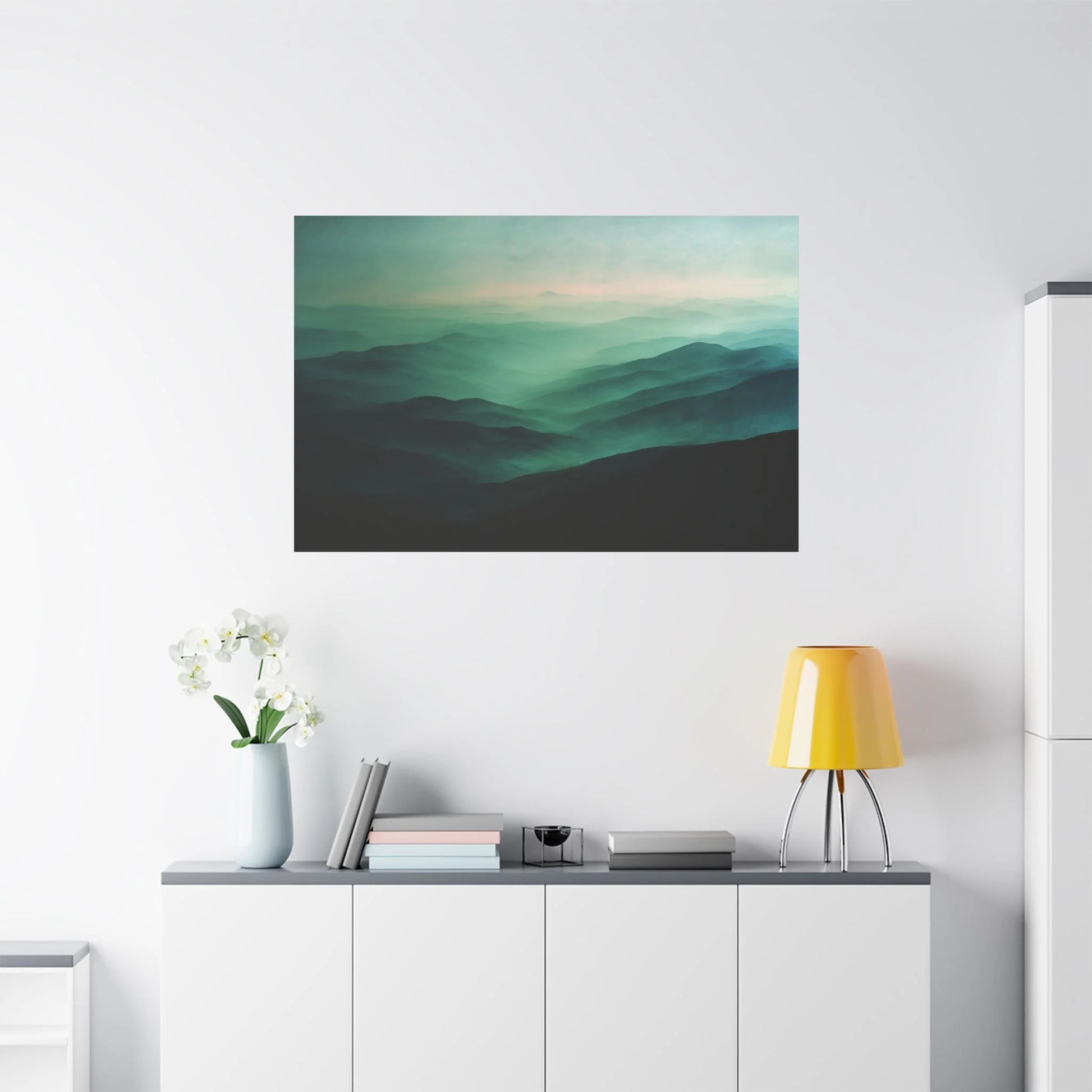 Tableau Collines vert sauge dans un salon contemporain