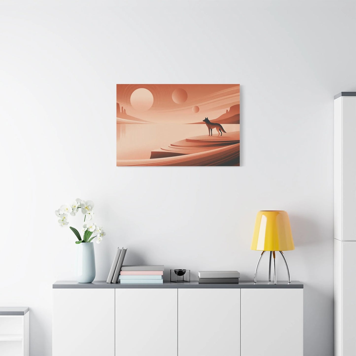 Tableau Loup Terracotta - Crépuscule du Désert - ambiance loft haut de plafond