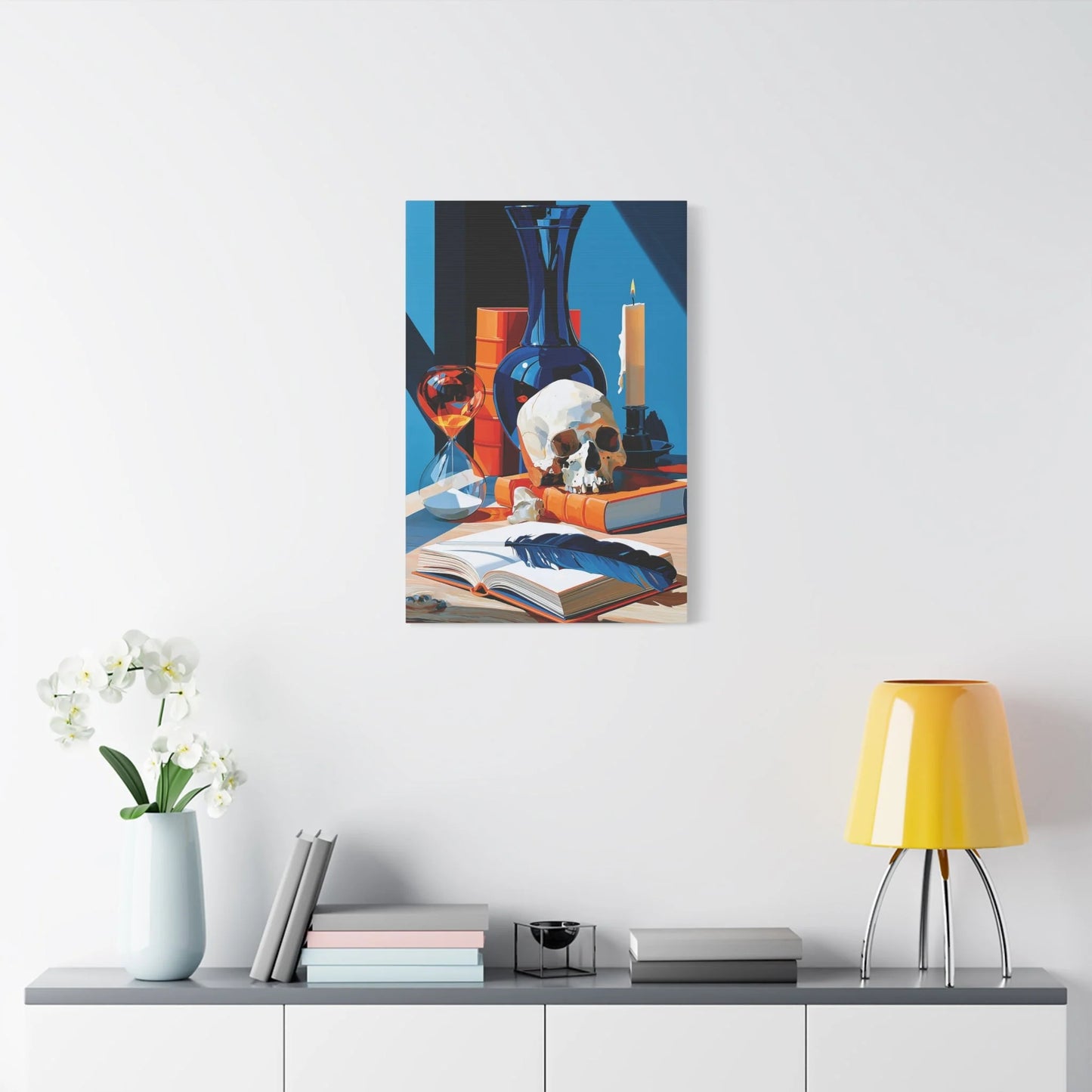 Tableau Nature Morte Vanitas Hollandaise Crâne Sablier - Leçon du Temps - grand format salon spacieux