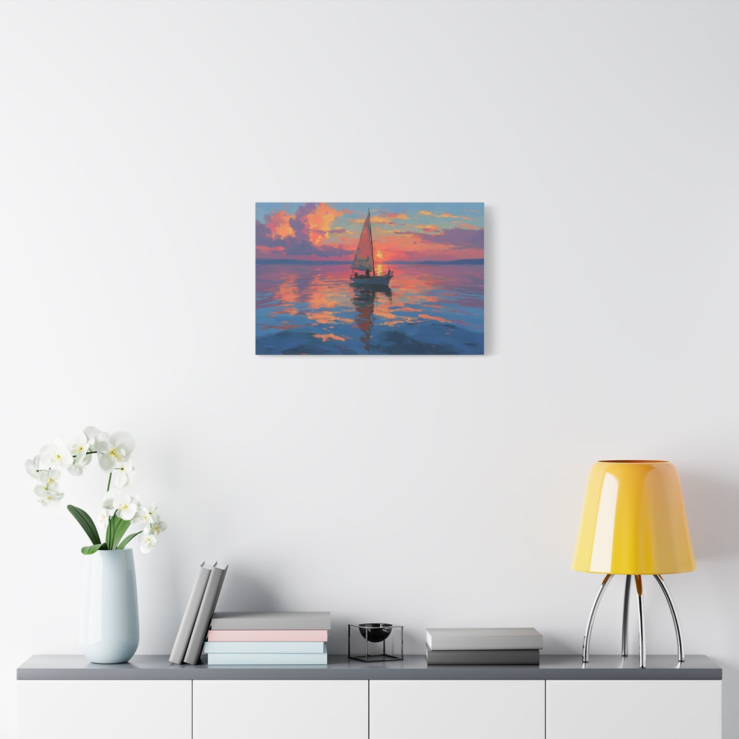 Voilier sur mer calme au coucher de soleil rose orange - Art Virtuoso - vue 10/20