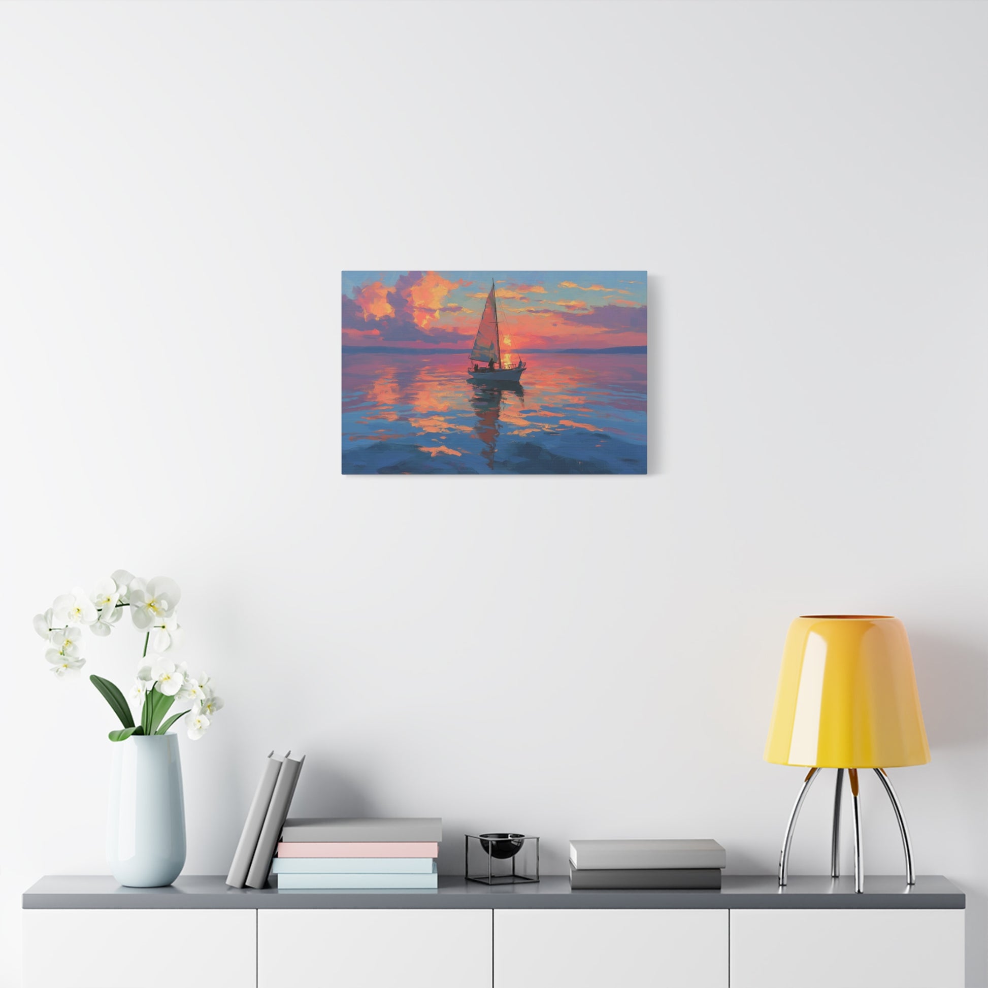 Voilier sur mer calme au coucher de soleil rose orange - Art Virtuoso - vue 10/20