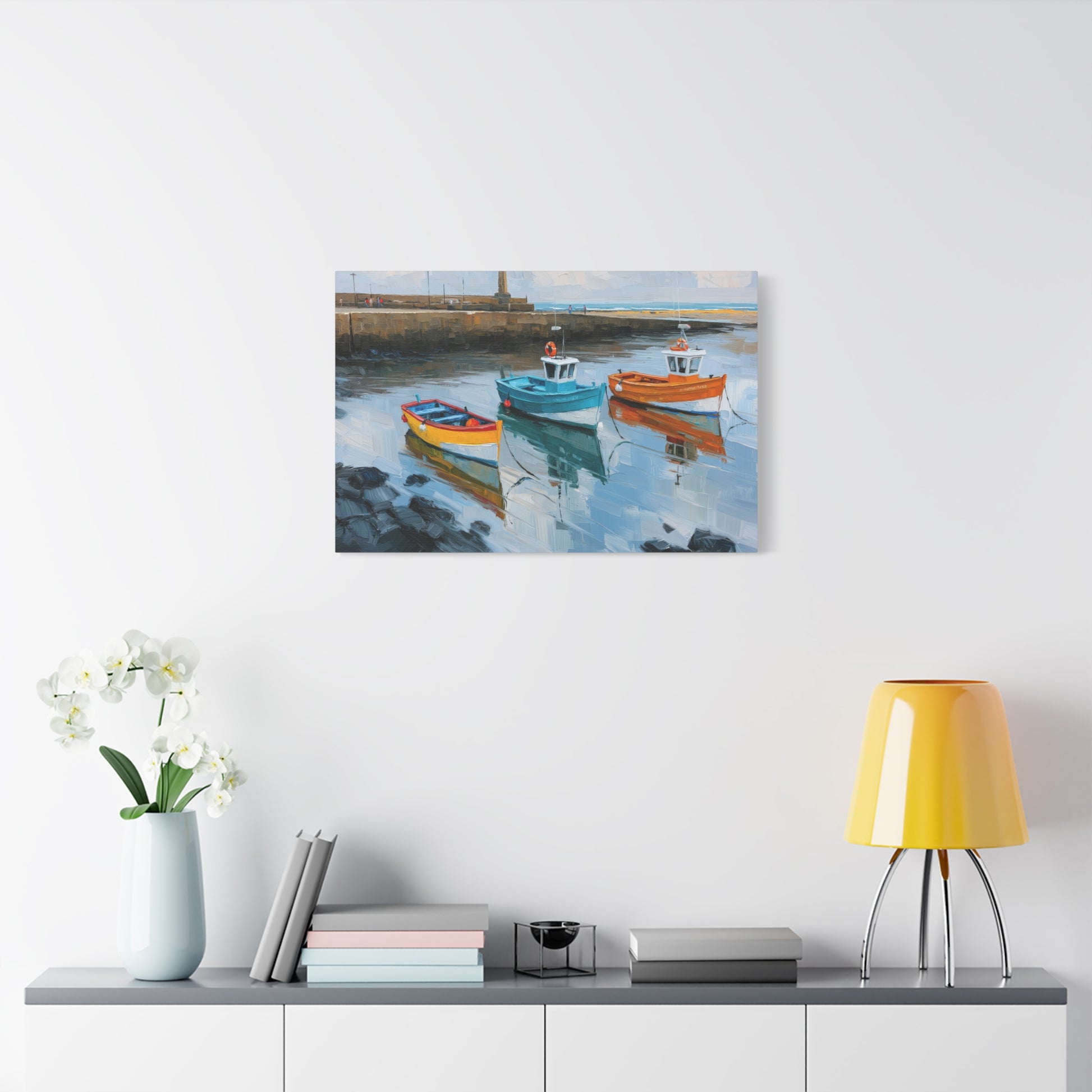 Port breton avec trois barques colorees et reflets dans l eau calme - Art Virtuoso - vue 13/20