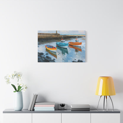 Port breton avec trois barques colorees et reflets dans l eau calme - Art Virtuoso - vue 13/20