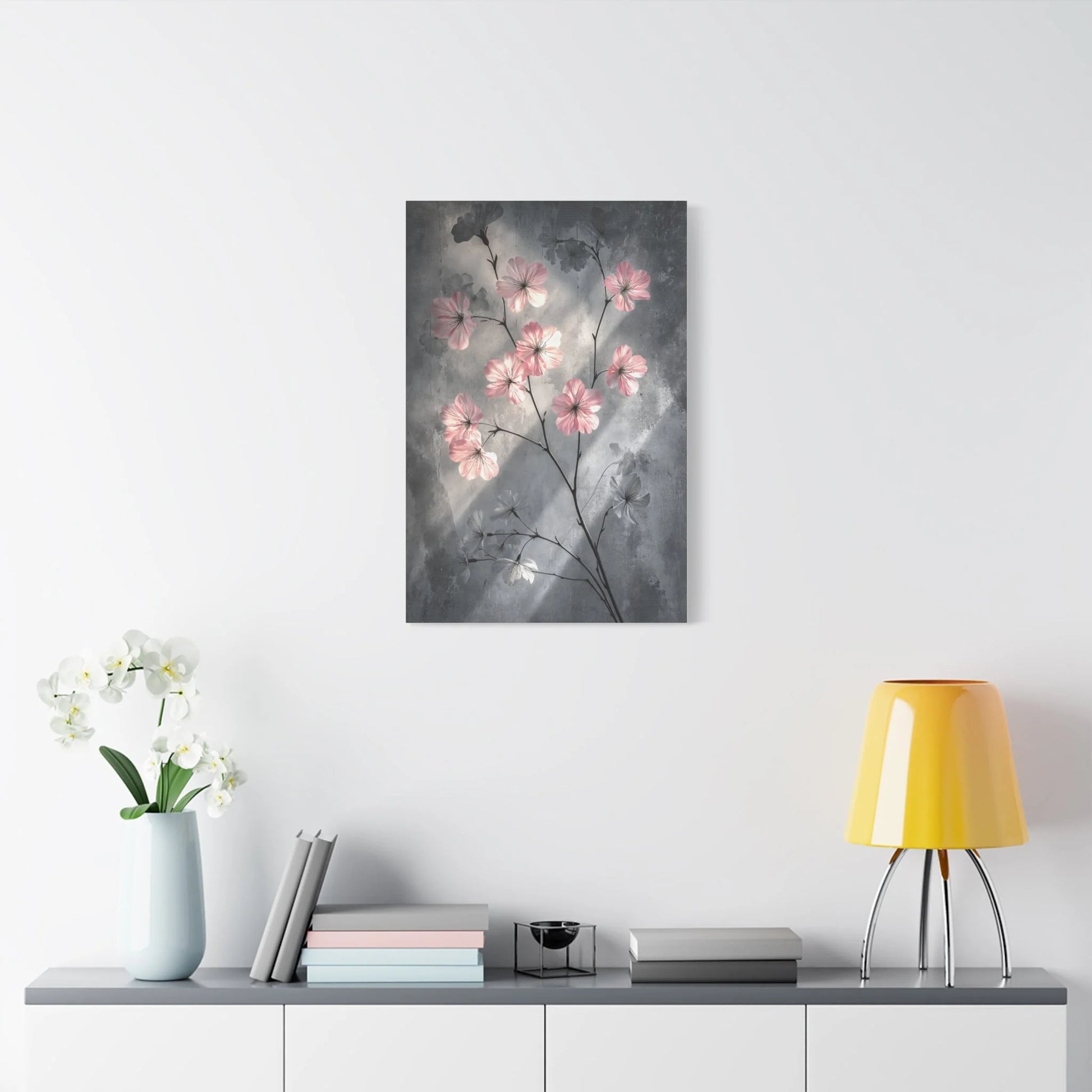 Tableau Gris rose cerisier format vertical alcôve