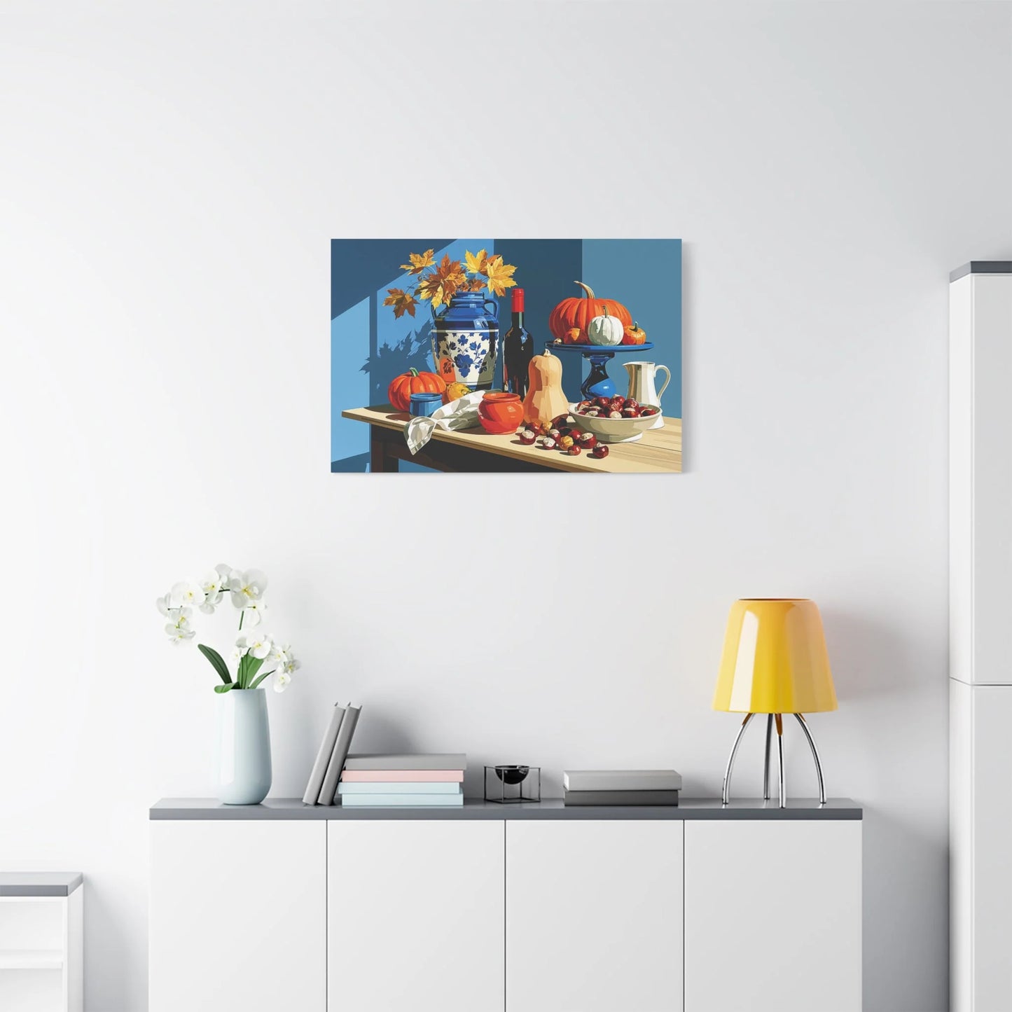 Tableau Nature Morte Automne Courges Châtaignes - Récolte Ambrée - ambiance loft haut de plafond