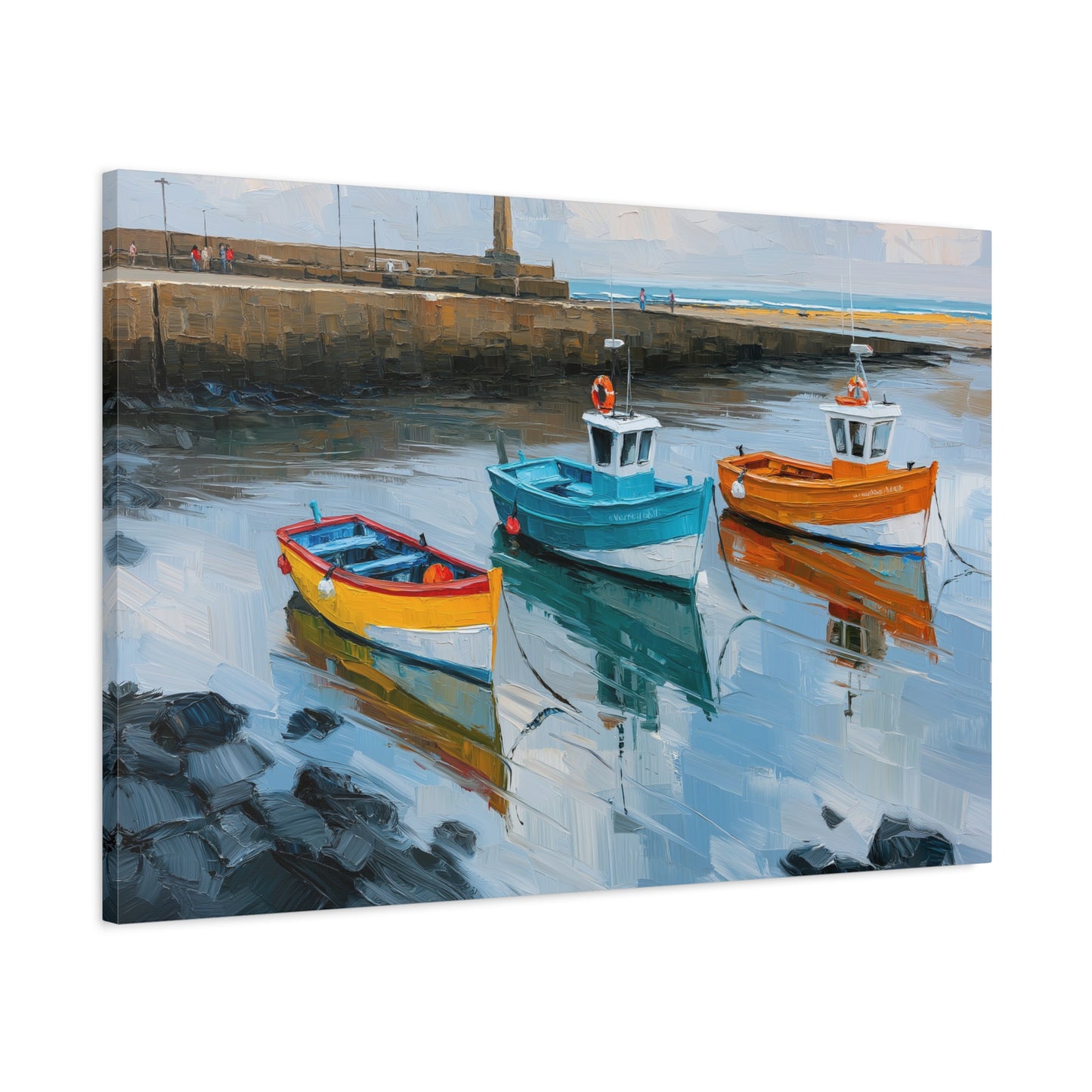 Port breton avec trois barques colorees et reflets dans l eau calme - Art Virtuoso - vue 15/20
