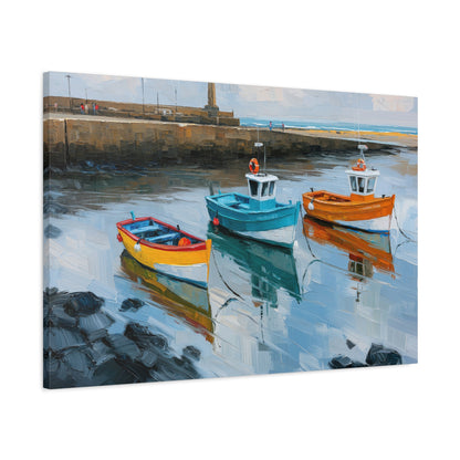 Port breton avec trois barques colorees et reflets dans l eau calme - Art Virtuoso - vue 15/20