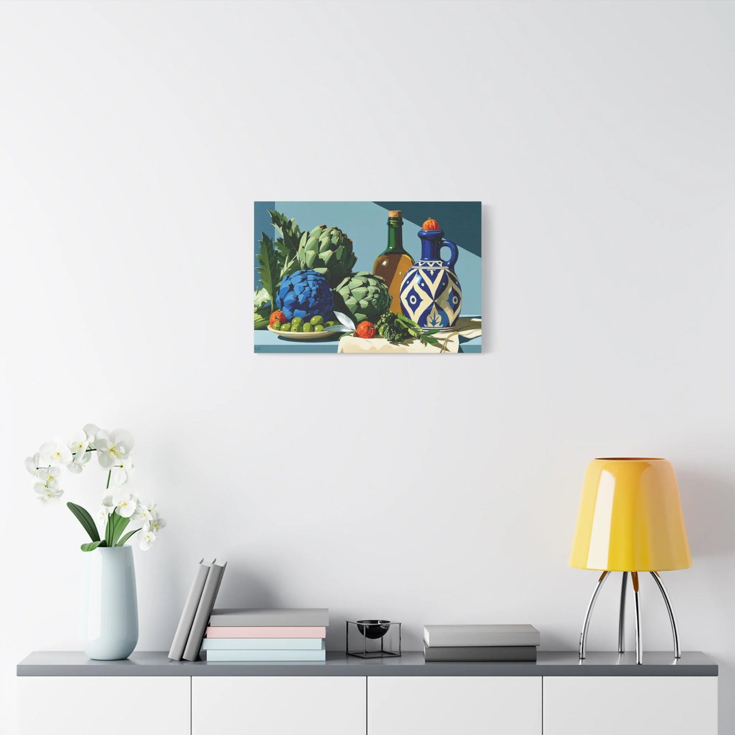 Tableau Nature Morte Artichauts Olives Asperges Vert Sauge - Marché Végétal - ambiance chambre adulte