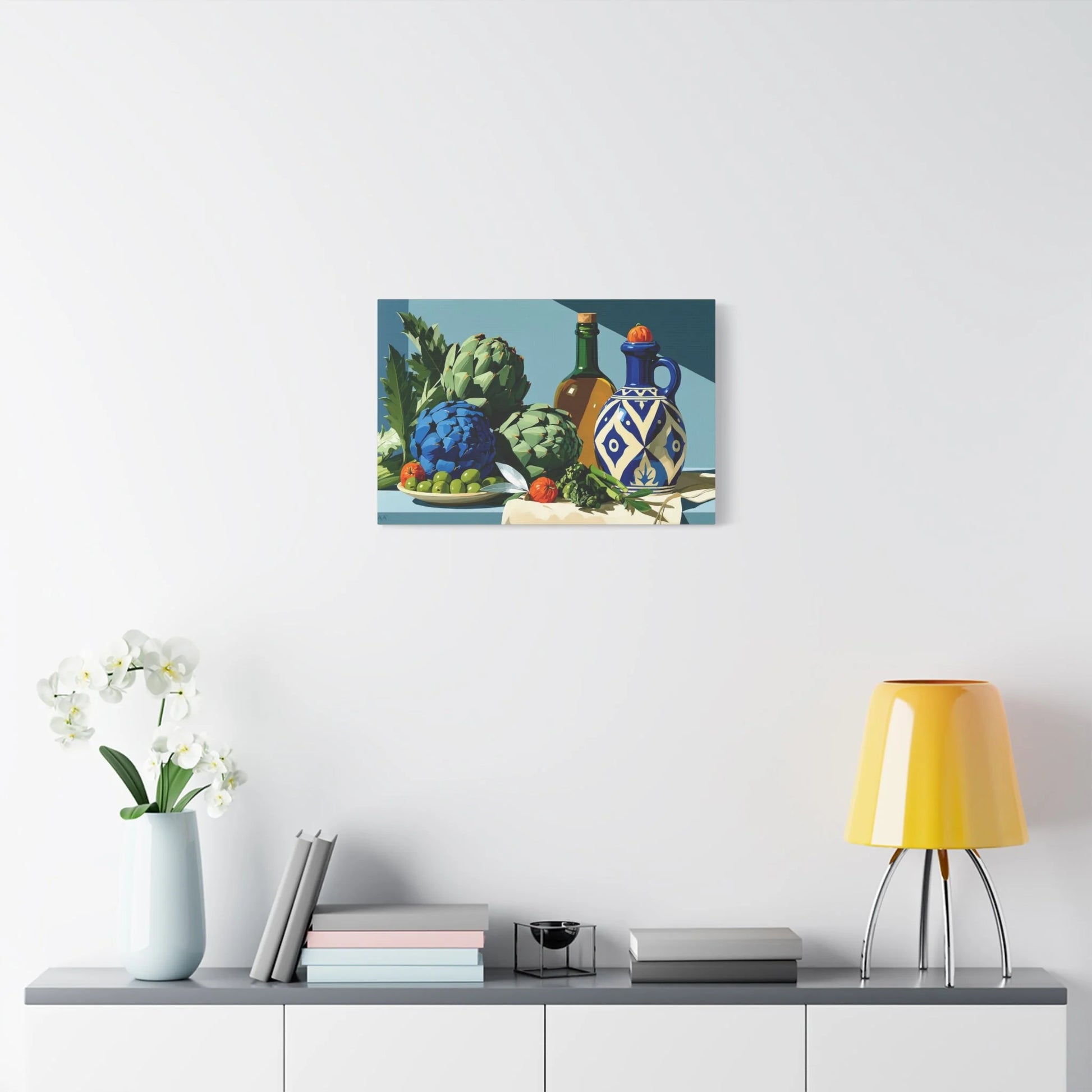 Tableau Nature Morte Artichauts Olives Asperges Vert Sauge - Marché Végétal - ambiance chambre adulte