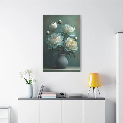 Tableau Pivoines vert sauge dans un salon contemporain