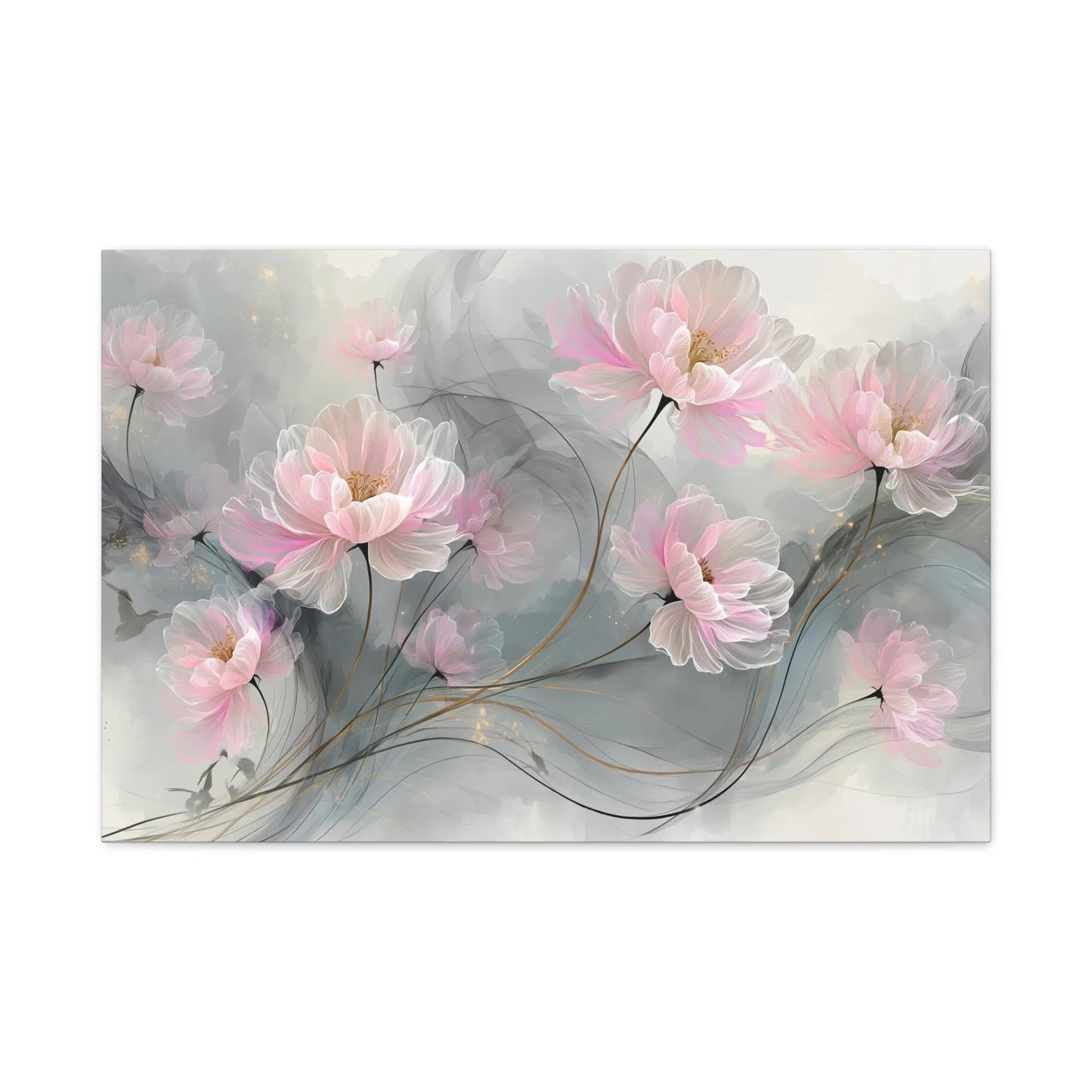 Tableau Pivoines roses brume argentée palette gris perle