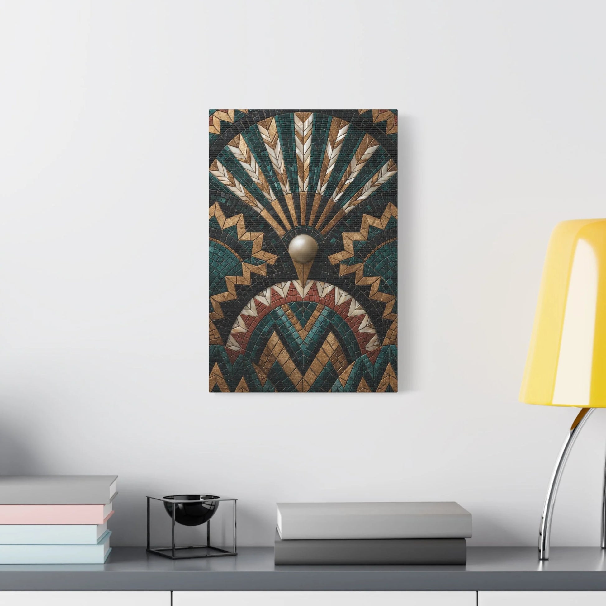 Tableau en Mosaïque Art Déco Éventail - Symétrie Dorée - décor salon contemporain bois