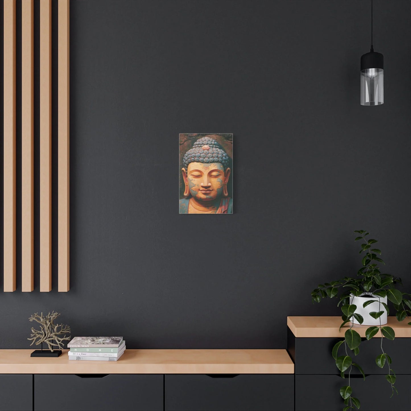 Tableau Tête de Bouddha - Sérénité de Pierre Patinée - vue mur béton ciré