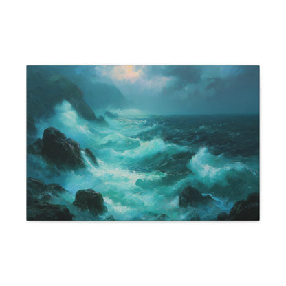 Mer agitee turquoise avec rochers noirs ecume blanche et ciel de tempete - Art Virtuoso - vue 2/20