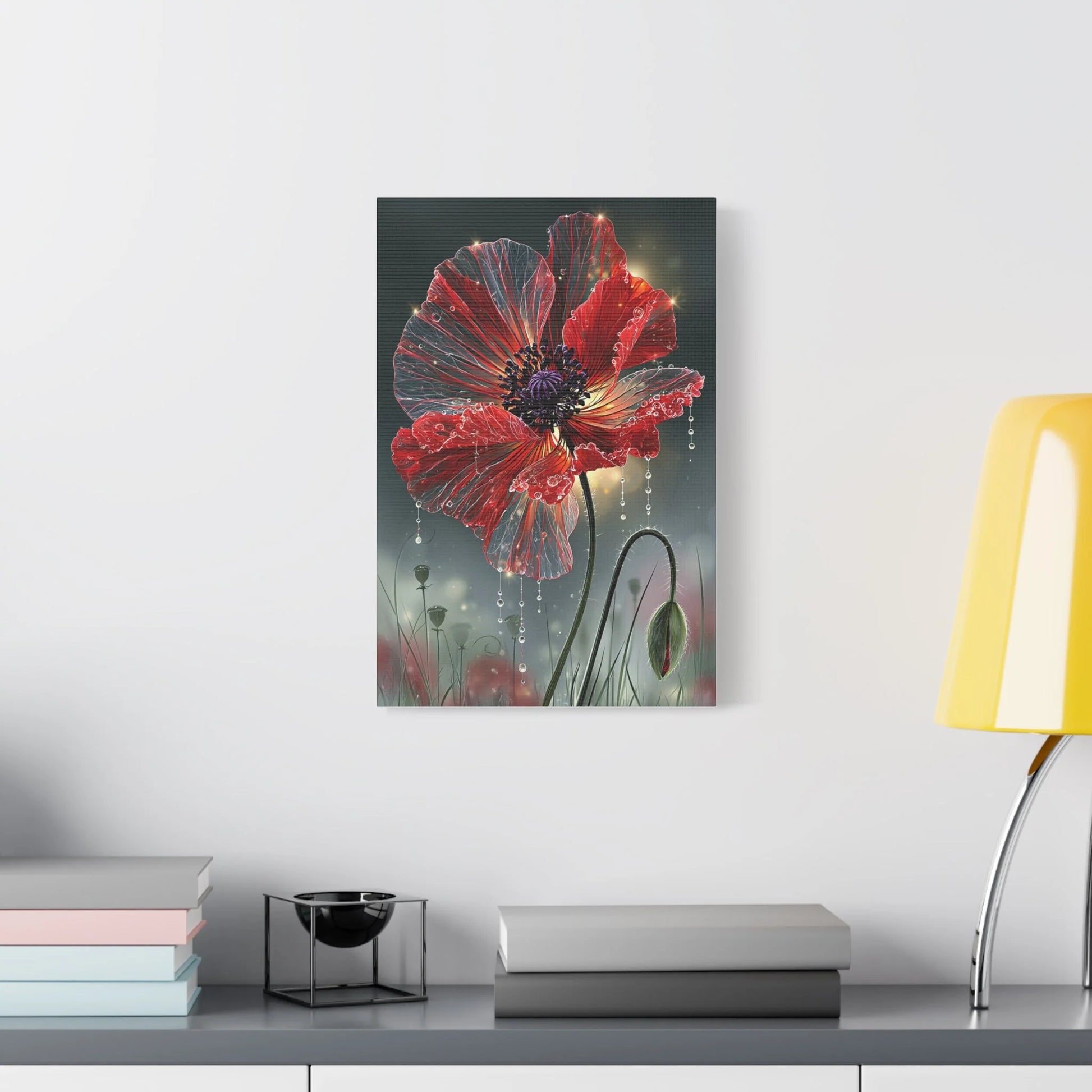 Tableau Coquelicot Macro - Pétales et Rosée d'Aube - décor salon contemporain bois