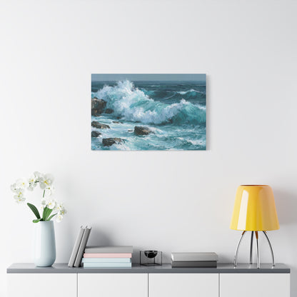 Vague turquoise puissante qui se brise sur des rochers sombres - Art Virtuoso - vue 13/20