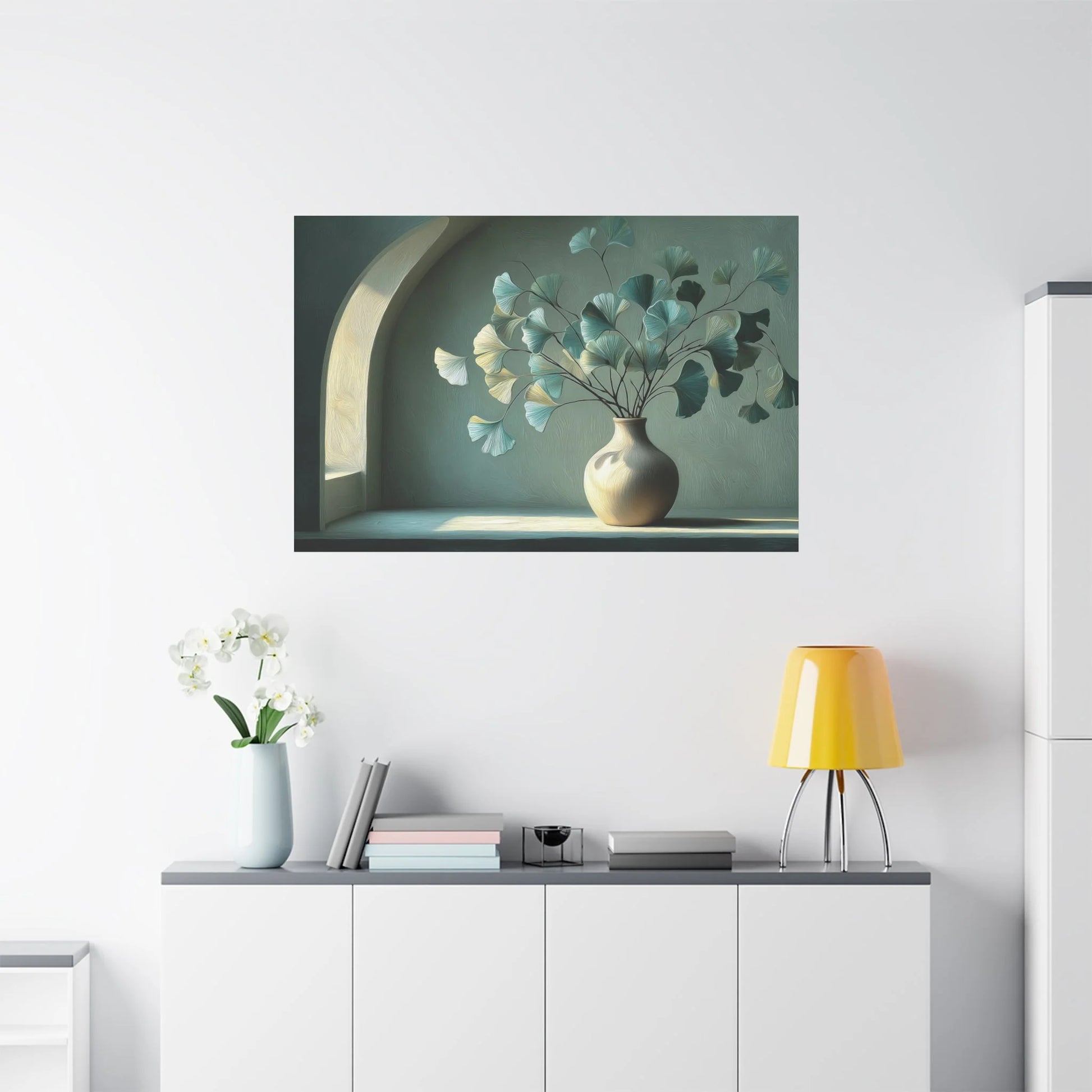 Tableau Vert sauge beige dans un salon contemporain