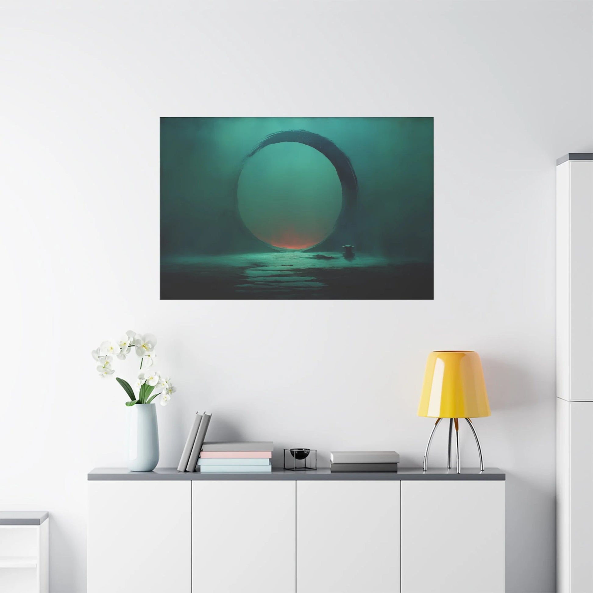 Tableau Enso vert sauge dans un salon contemporain