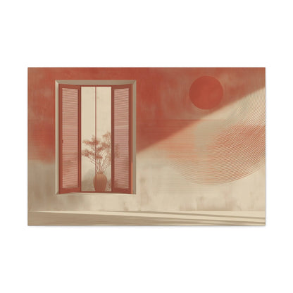 Décoration murale terracotta — fenêtre à volets persiennes et vase