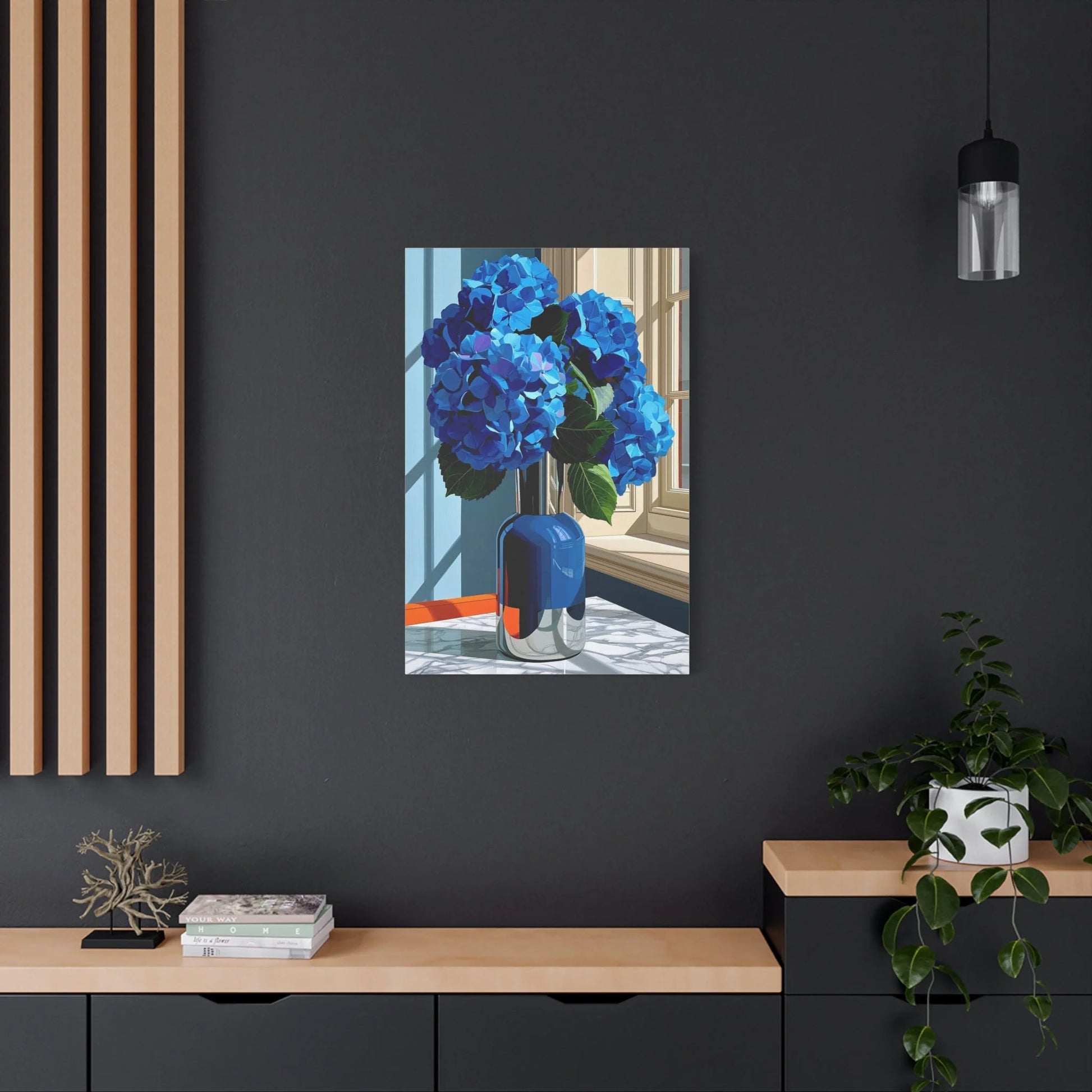 Tableau Nature Morte Hortensias Bleus Marbre - Fraîcheur Florale - format XXL pièce de réception