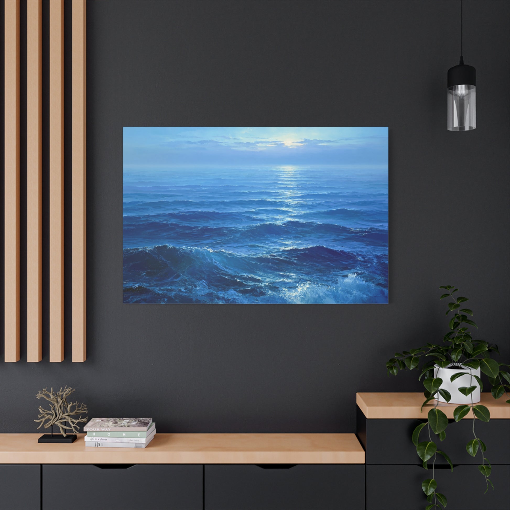 Ocean bleu profond avec vagues et lumiere claire sur l horizon - Art Virtuoso - vue 20/20