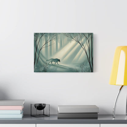 Tableau Loup en Forêt de Mousse - Vert Sauge Profond - décor salon contemporain bois
