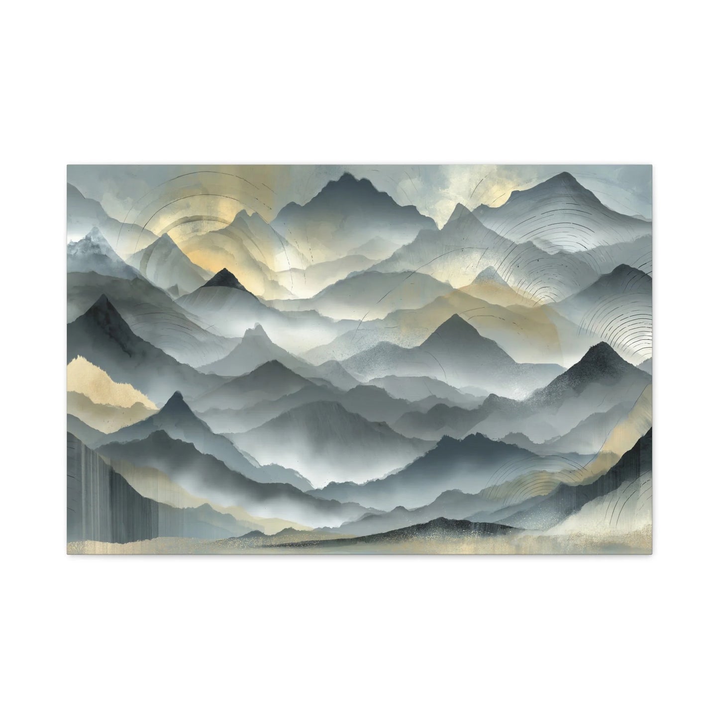 Tableau Montagnes encrées cercles tibétains palette gris ardoise