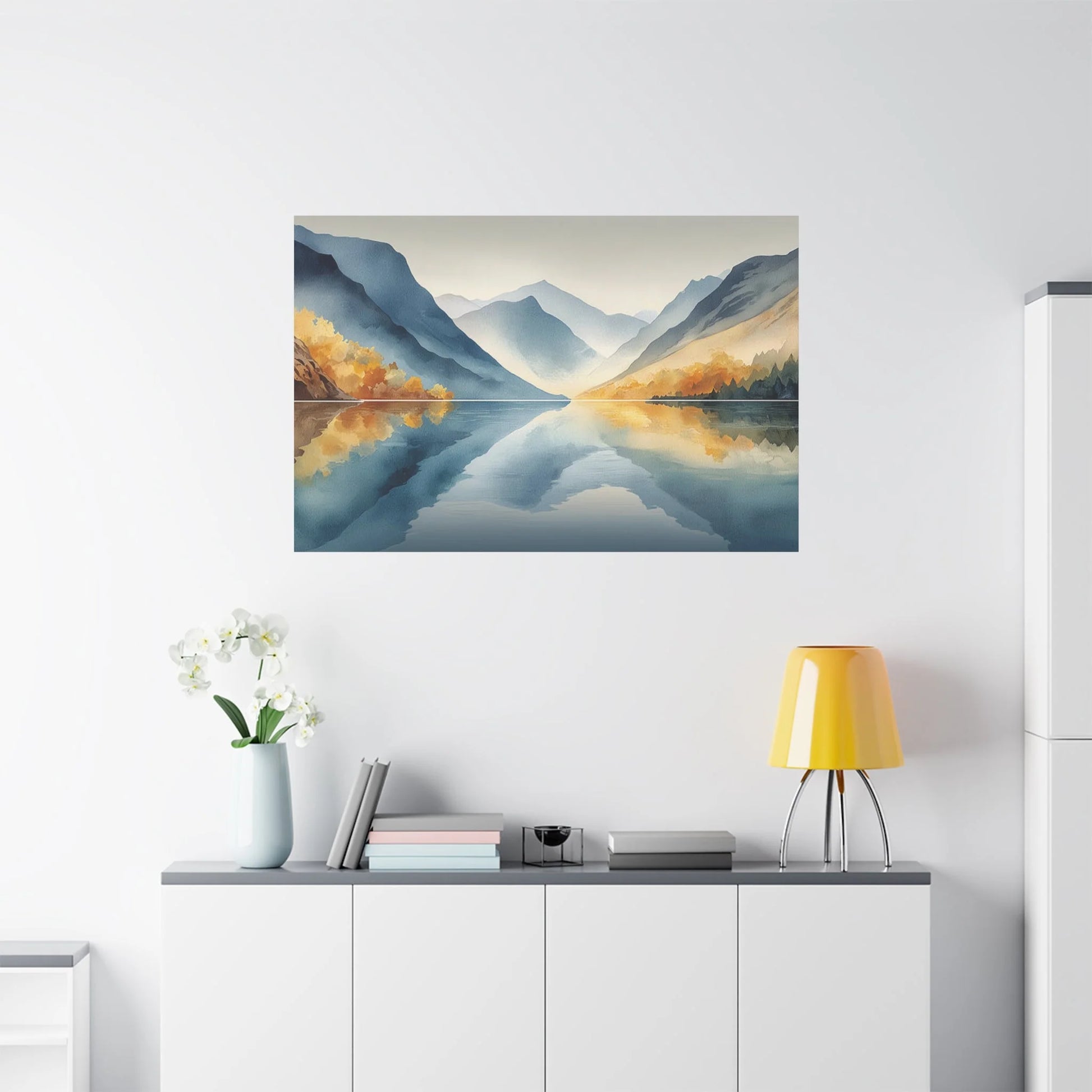 Tableau Lac montagne zen dans un salon contemporain