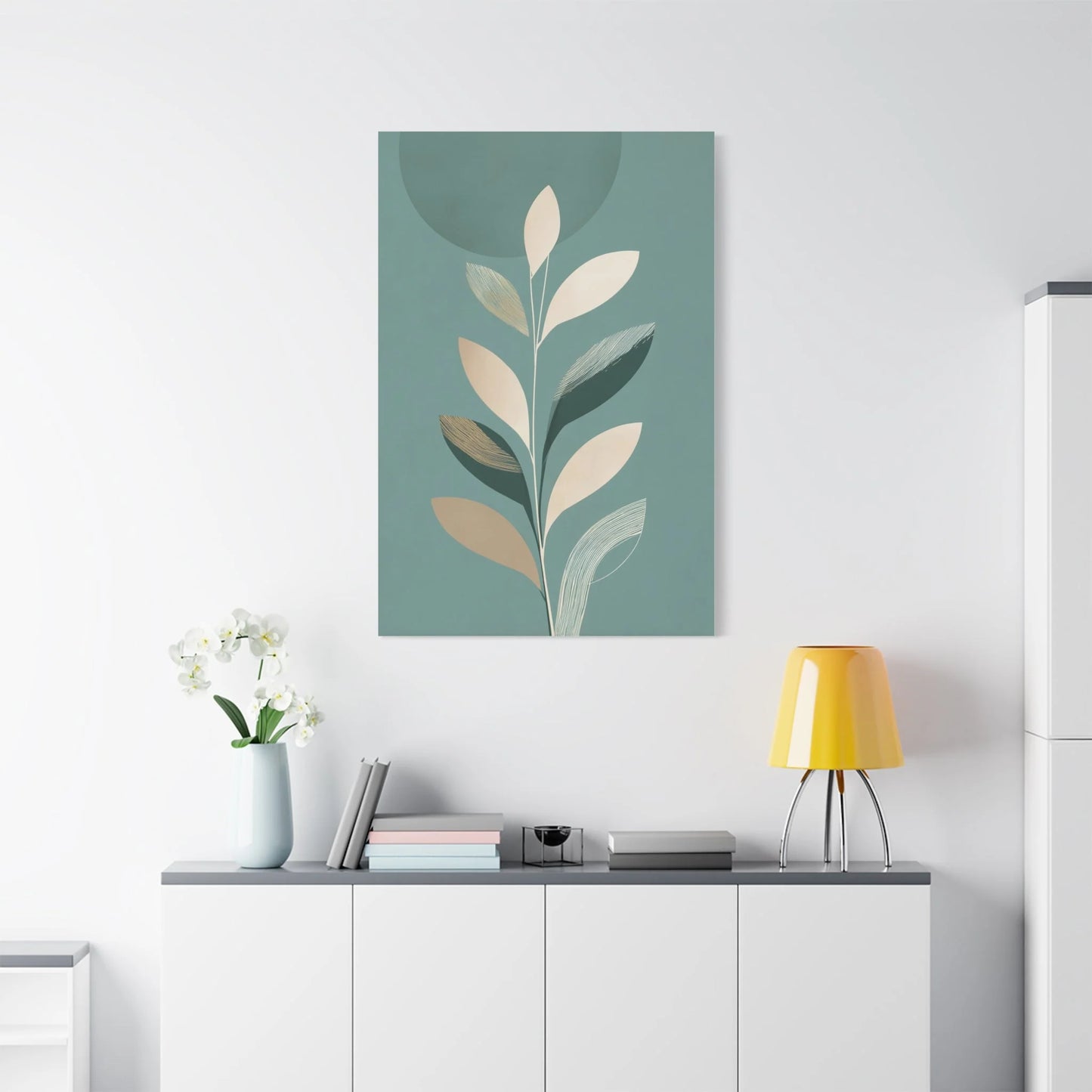 Tableau Minimaliste vert sauge dans un salon contemporain