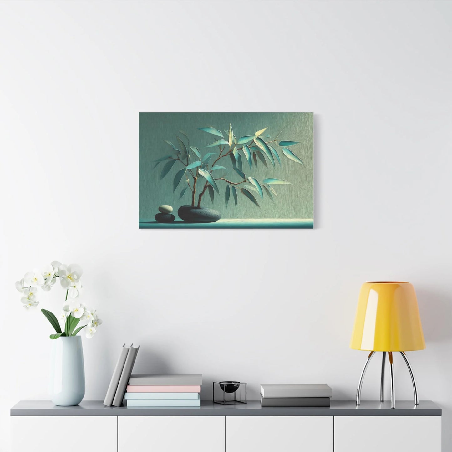 Tableau Zen vert sauge format horizontal au-dessus d'un buffet