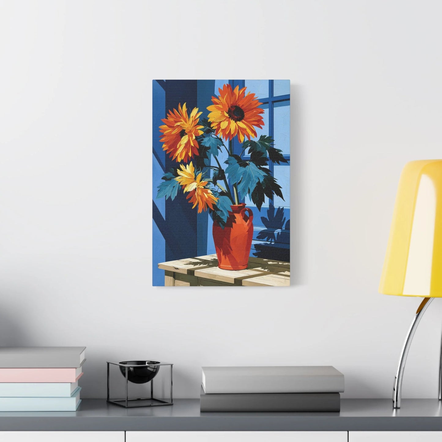 Tableau Nature Morte Tournesols Vase Jaune Or - Éclat d’Été - décor salon contemporain bois