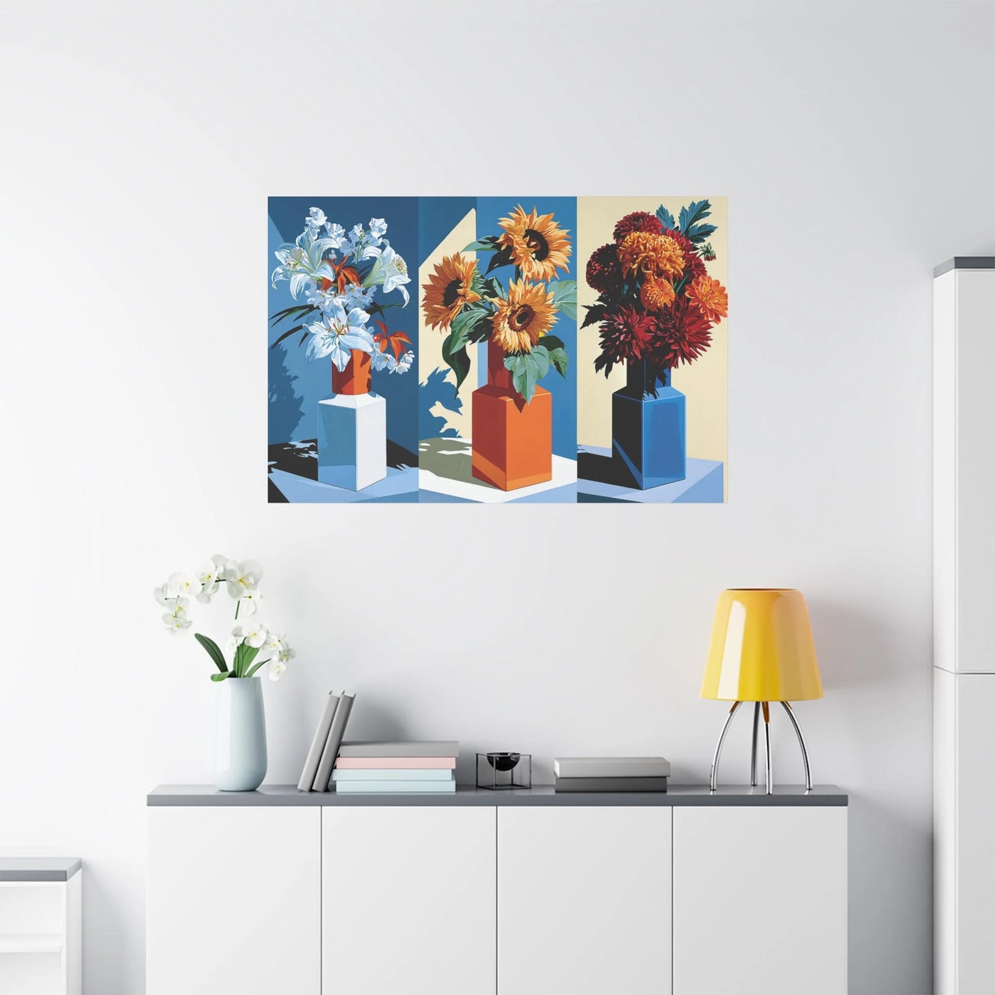Tableau Nature Morte Triptyque Bouquet Saisons - Fleurs du Temps - vue mur grande hauteur