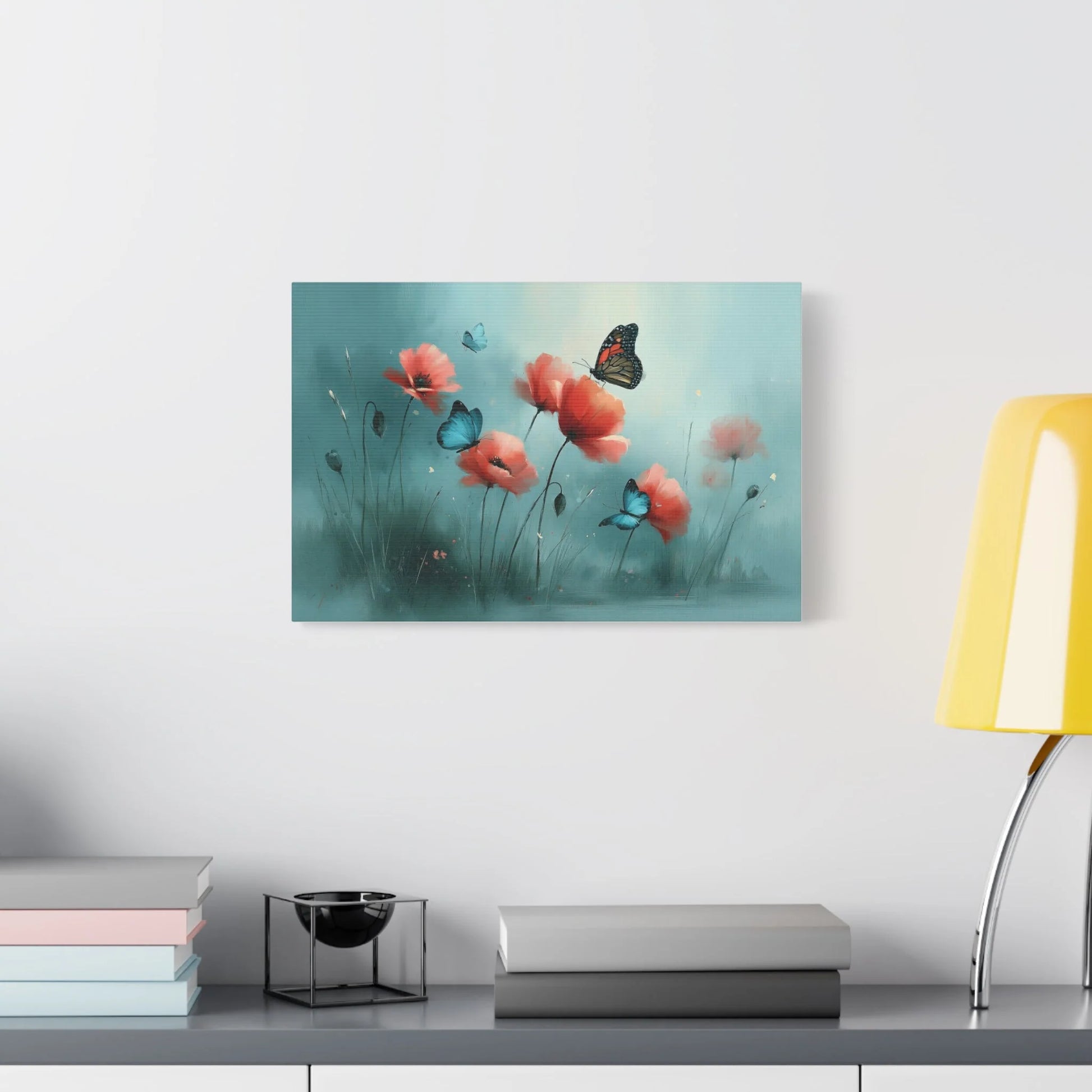 Tableau Coquelicots et Papillons - Romantisme Botanique - décor salon contemporain bois