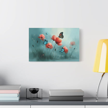 Tableau Coquelicots et Papillons - Romantisme Botanique - décor salon contemporain bois