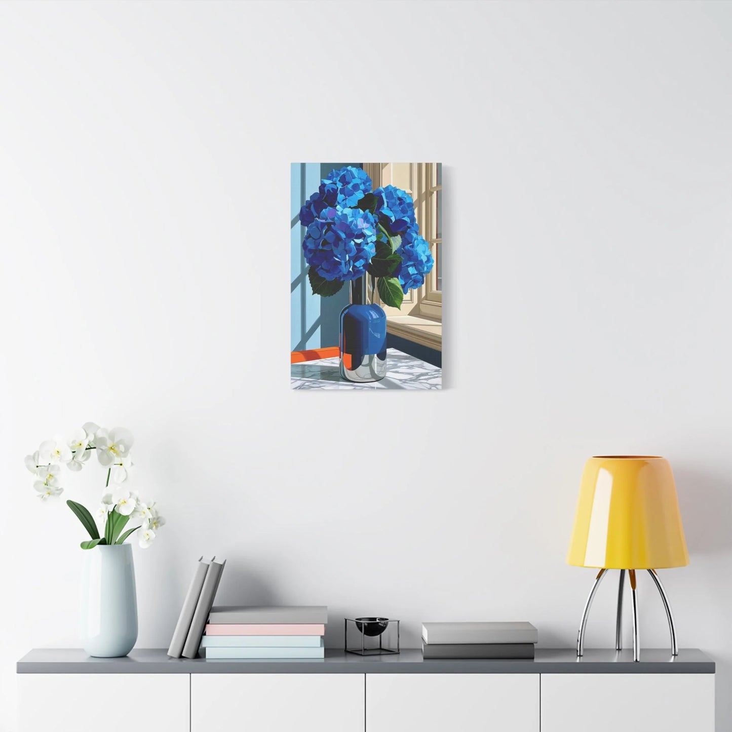 Tableau Nature Morte Hortensias Bleus Marbre - Fraîcheur Florale - ambiance chambre adulte