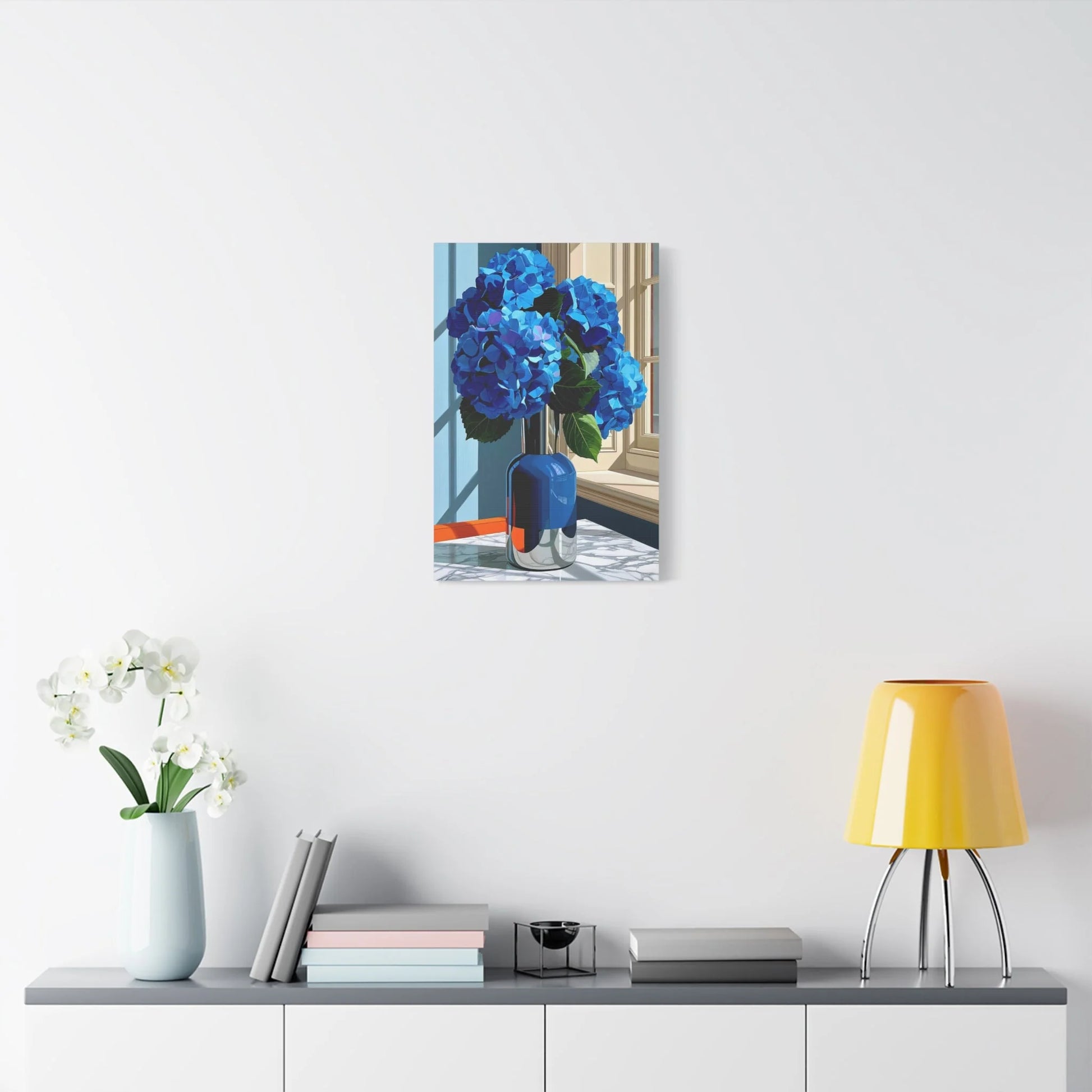 Tableau Nature Morte Hortensias Bleus Marbre - Fraîcheur Florale - ambiance chambre adulte