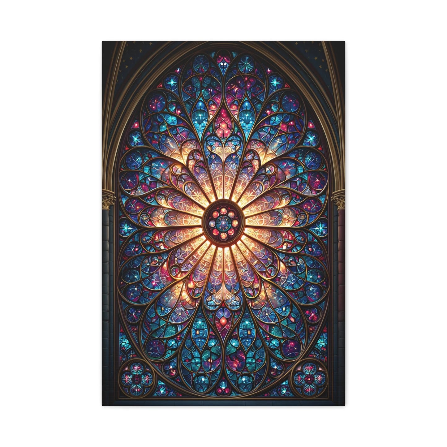 Tableau en Mosaïque Vitrail Gothique Rosace - Lumière Sacrée - intégration salon scandinave