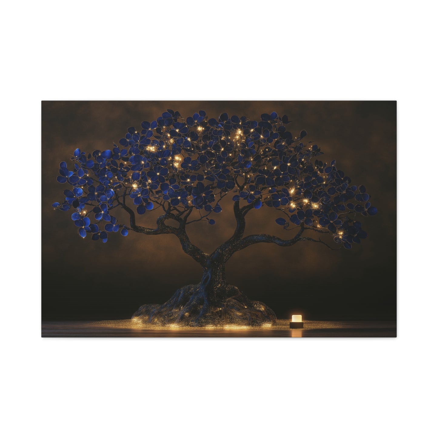 Grand Tableau Arbre de Vie, un arbre monumental aux feuillages bleu nuit ponctués de lumières dorées, format XL - Art Virtuoso