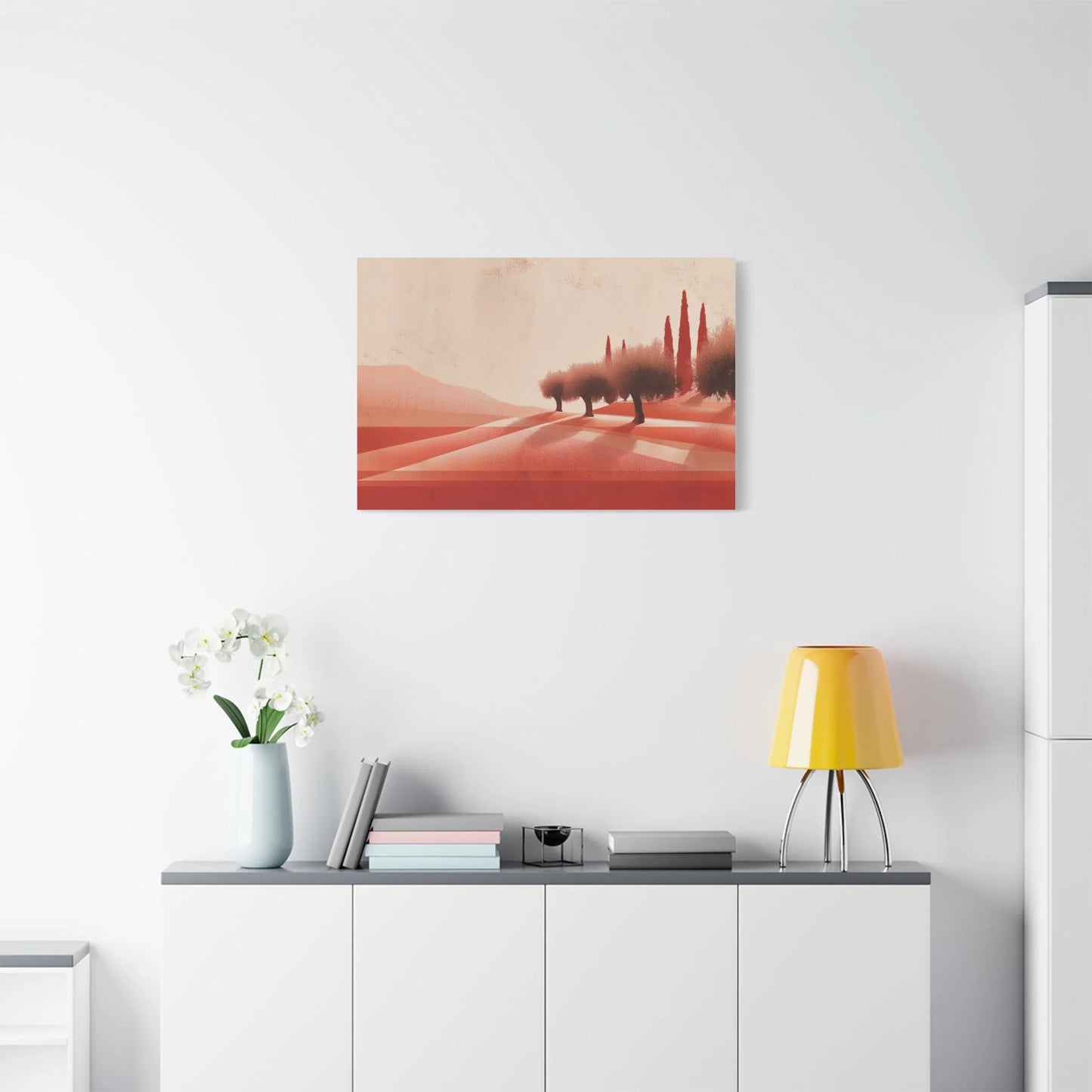 Tableau toile oliveraie terracotta dans une cuisine méditerranéenne