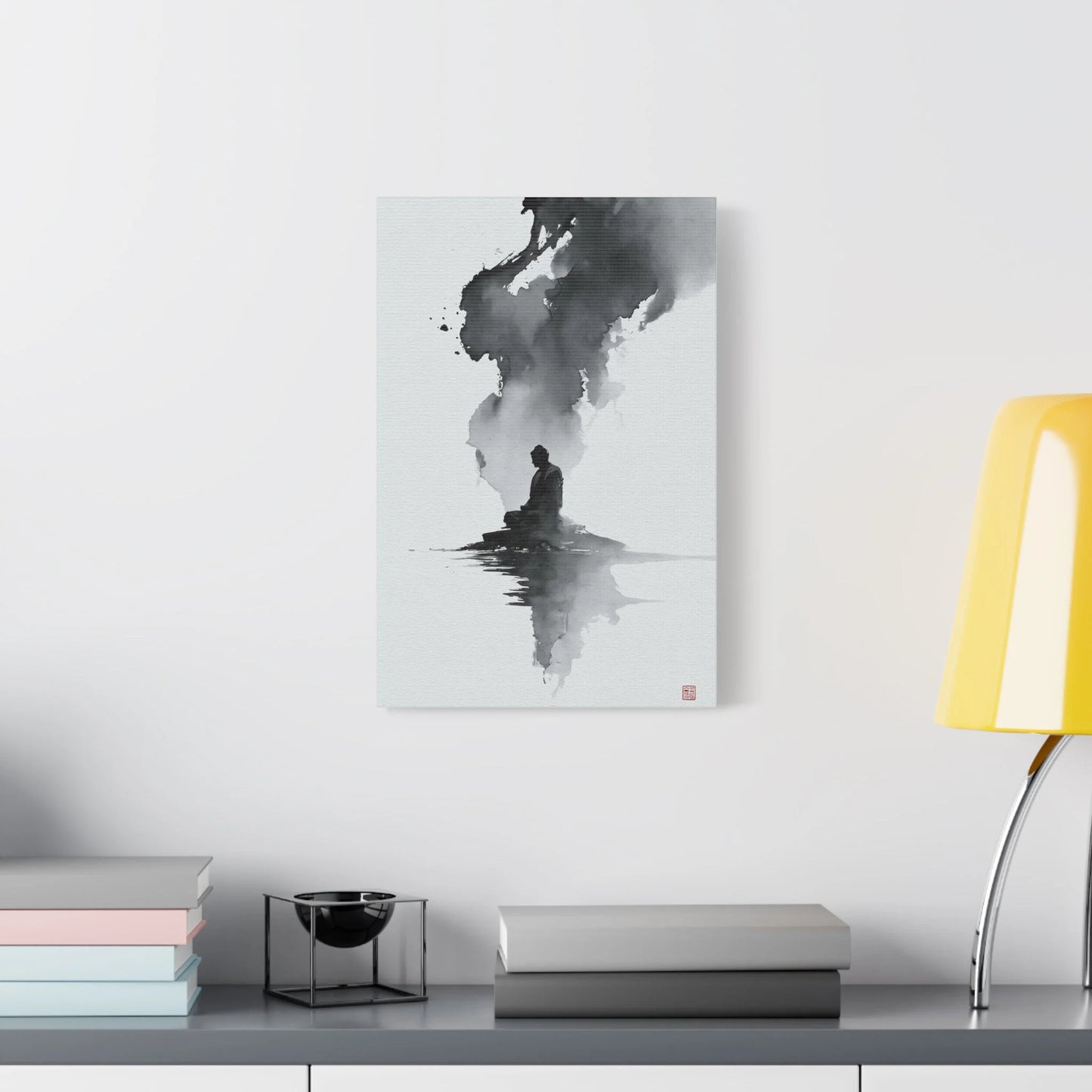 Tableau Calligraphie Bouddhique - Sagesse en Sumi-e - décor salon contemporain bois