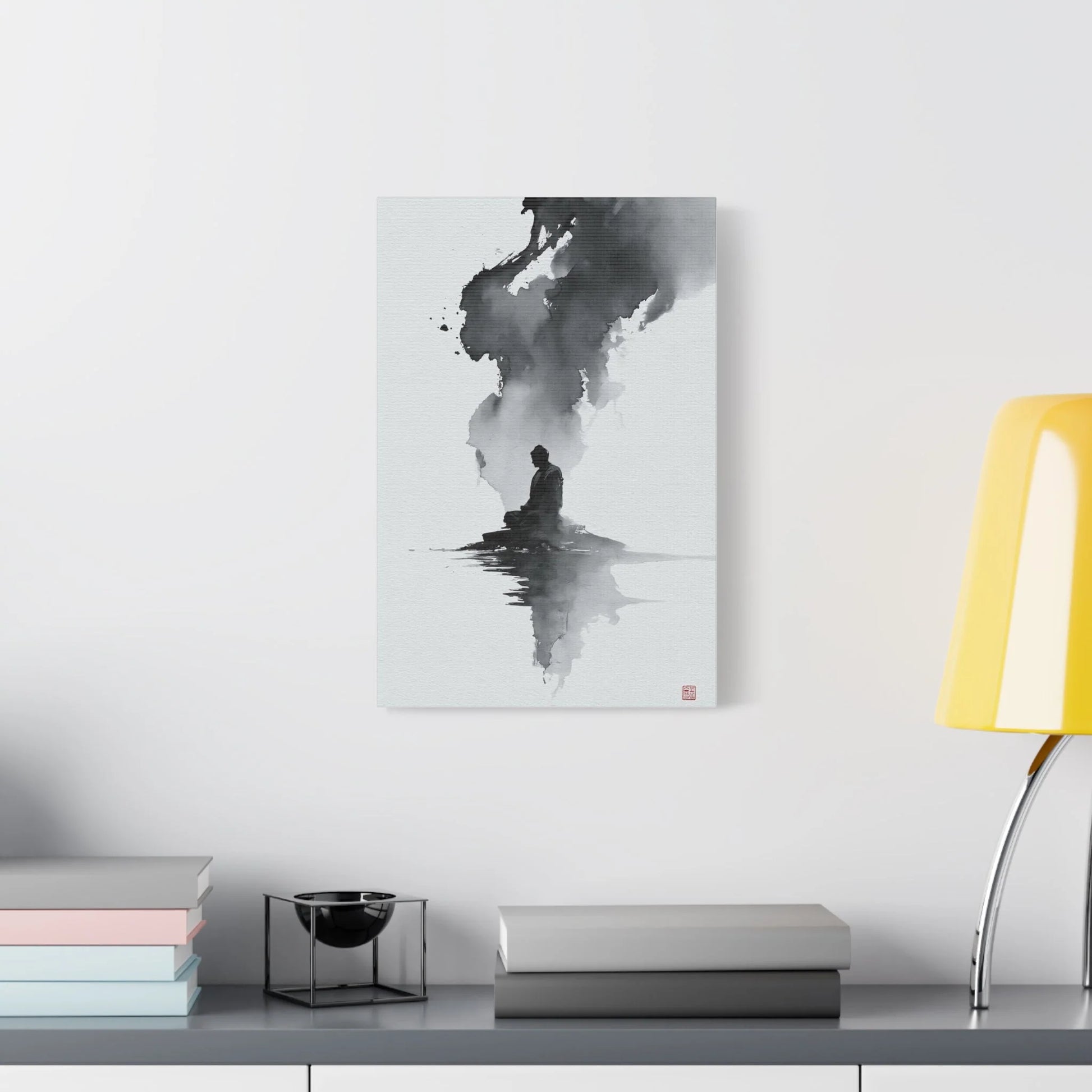 Tableau Calligraphie Bouddhique - Sagesse en Sumi-e - décor salon contemporain bois