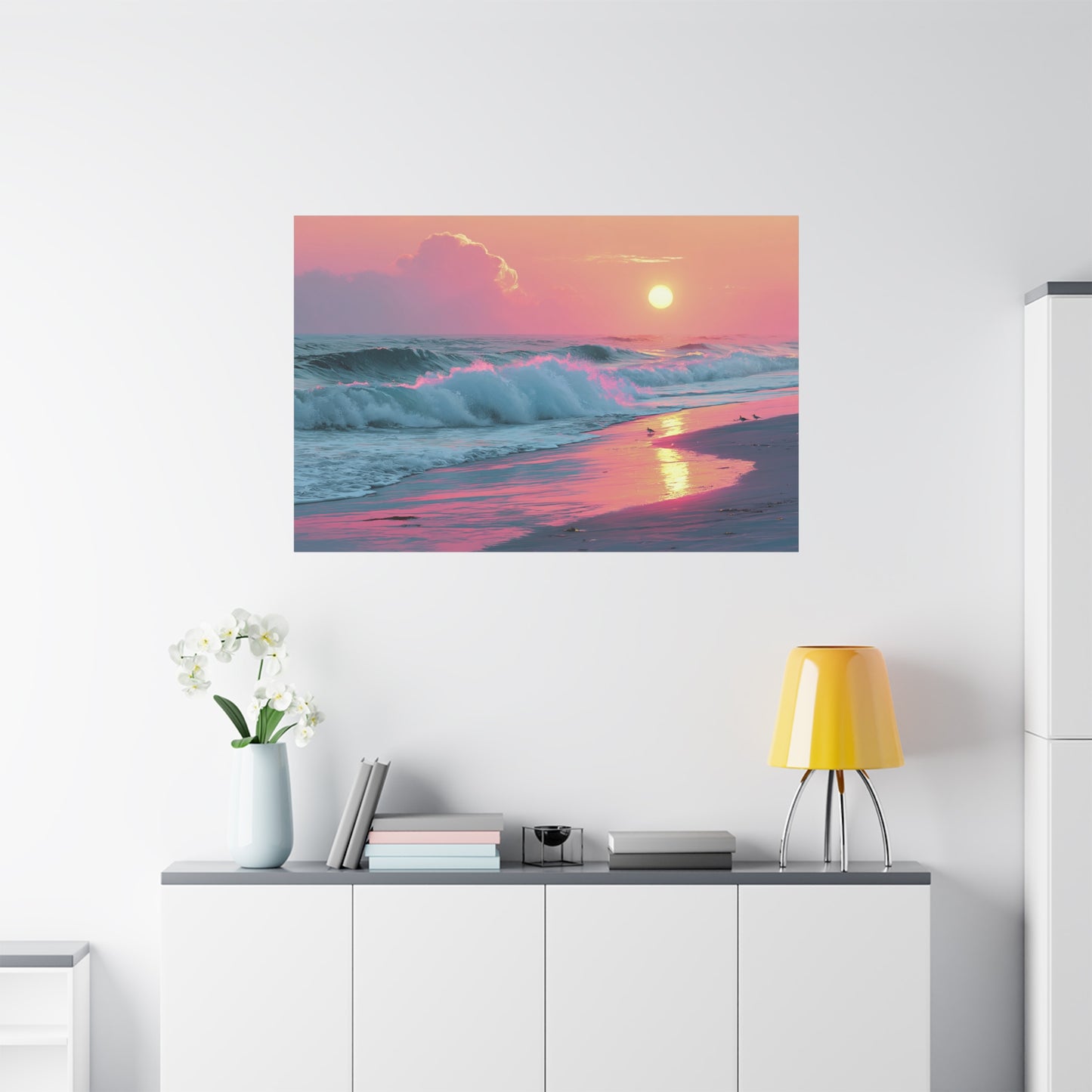 Plage au coucher de soleil pastel avec vague ecume rose et reflet dore - Art Virtuoso - vue 19/20