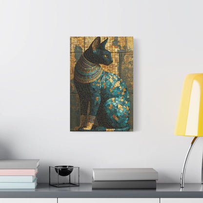 Tableau en Mosaïque Chat Égyptien Bastet - Gardienne du Nil - décor salon contemporain bois